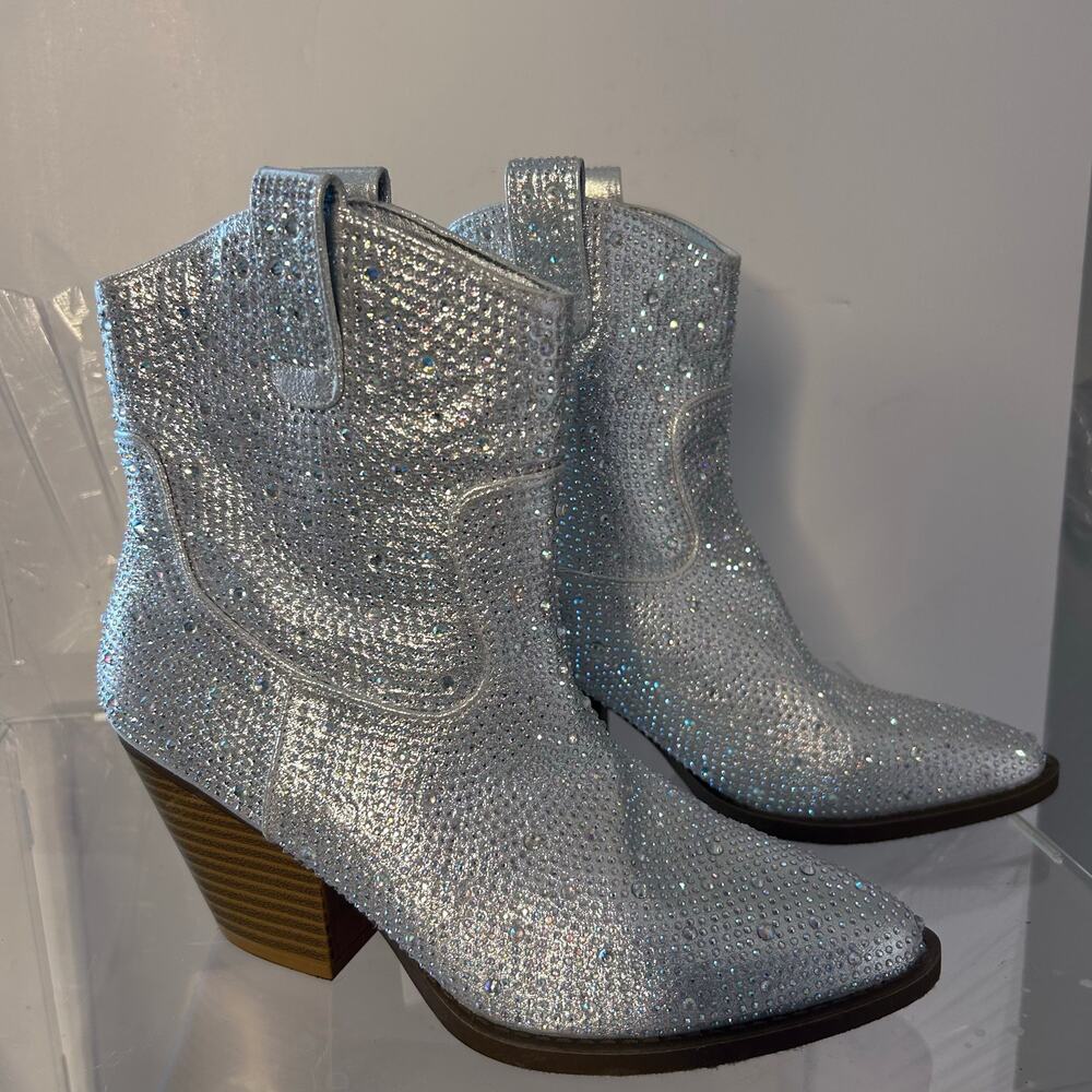 Forever White Rhinestone Cowgirl Ankle Boots 8.5 EU39 Chunky Heel sparkle